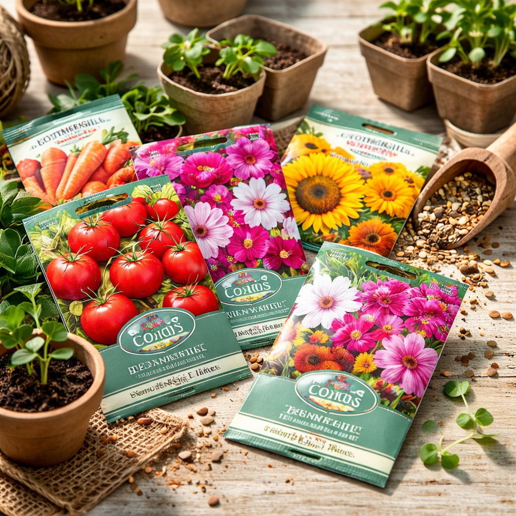 Colourful garden seed packets and loose seeds with young seedlings on a neutral background representing vegetable and flower seeds