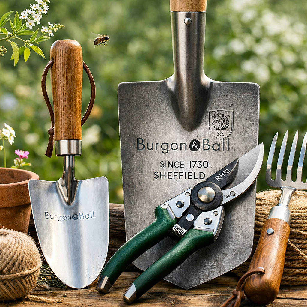 Premium garden tools with wooden handles and stainless steel heads arranged outdoors, suitable for everyday gardening tasks