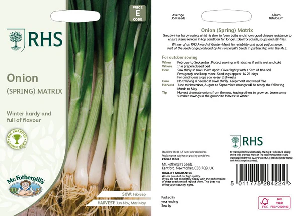 RHS Onion (Spring) Matrix seeds, spring green onions.