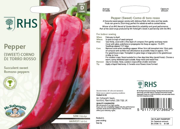 RHS Pepper (Sweet) Corno di Torro Rosso seeds, red sweet peppers.