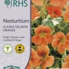 RHS Nasturtium Alaska Salmon Orange flower seeds, trailing orange blooms.